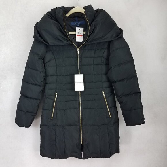 NEW Cole Haan Size XS Taffeta Down Zip up Puffer Coat Shawl Hood/Collar in Black - Picture 3 of 16